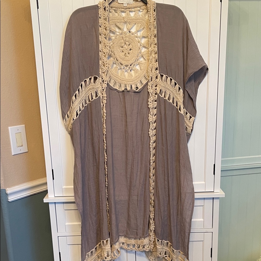 Rebellion Gray and Cream Crochet Accent sleeveless cardigan